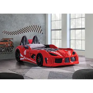 Red Finish Twin Size Race Car Design Bed Modern Novelty Style Attached Two Magnetic Doors With LED Lights On Wheels And Bottom Upholstery Headboard And Sides