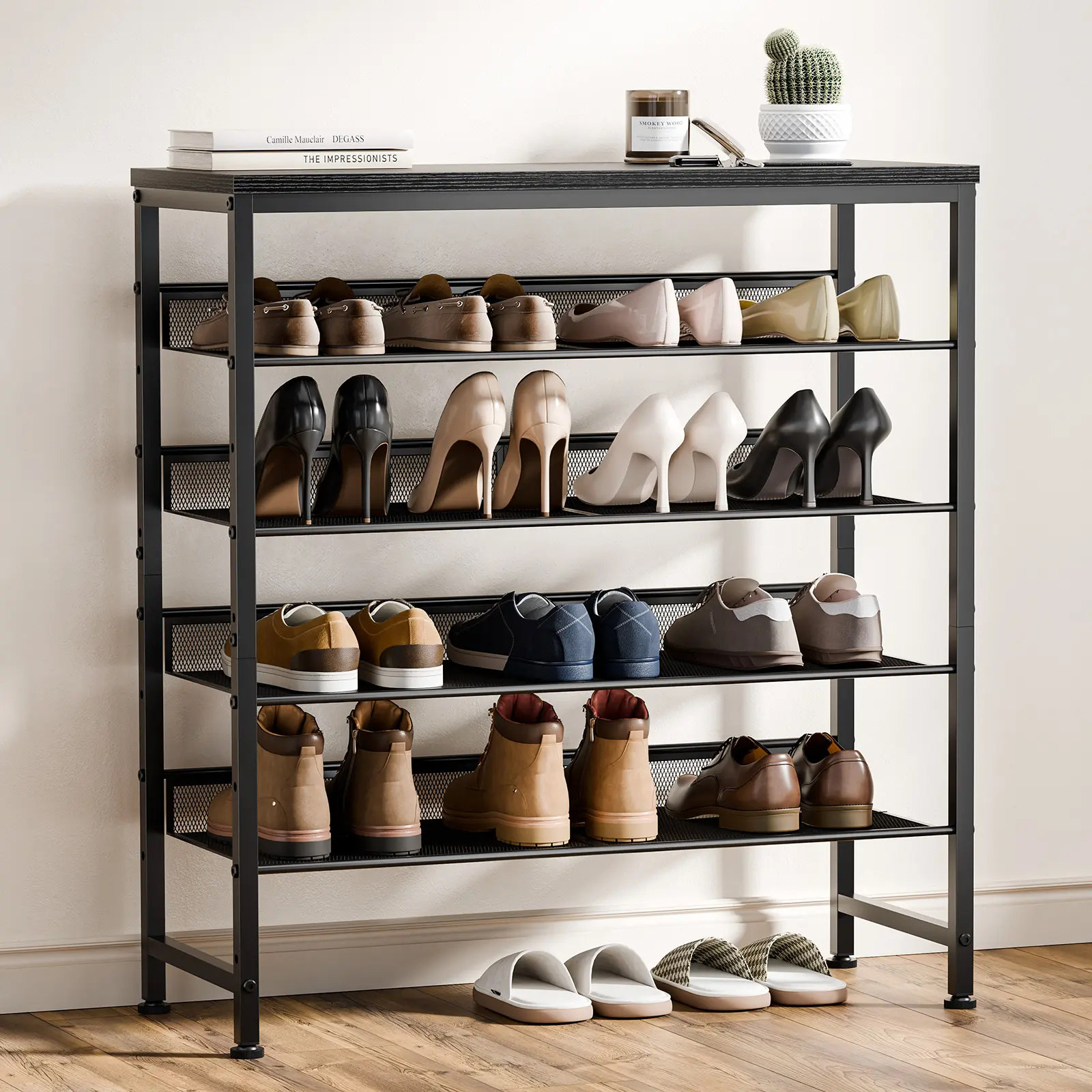 Adjustable Metal Shoe Rack with Wooden Top, Dense Mesh Shoe Storage Organizer, Freestanding Shoe Shelf with Modular Flat & Angled Shelves for Entryway Hallway Closet
