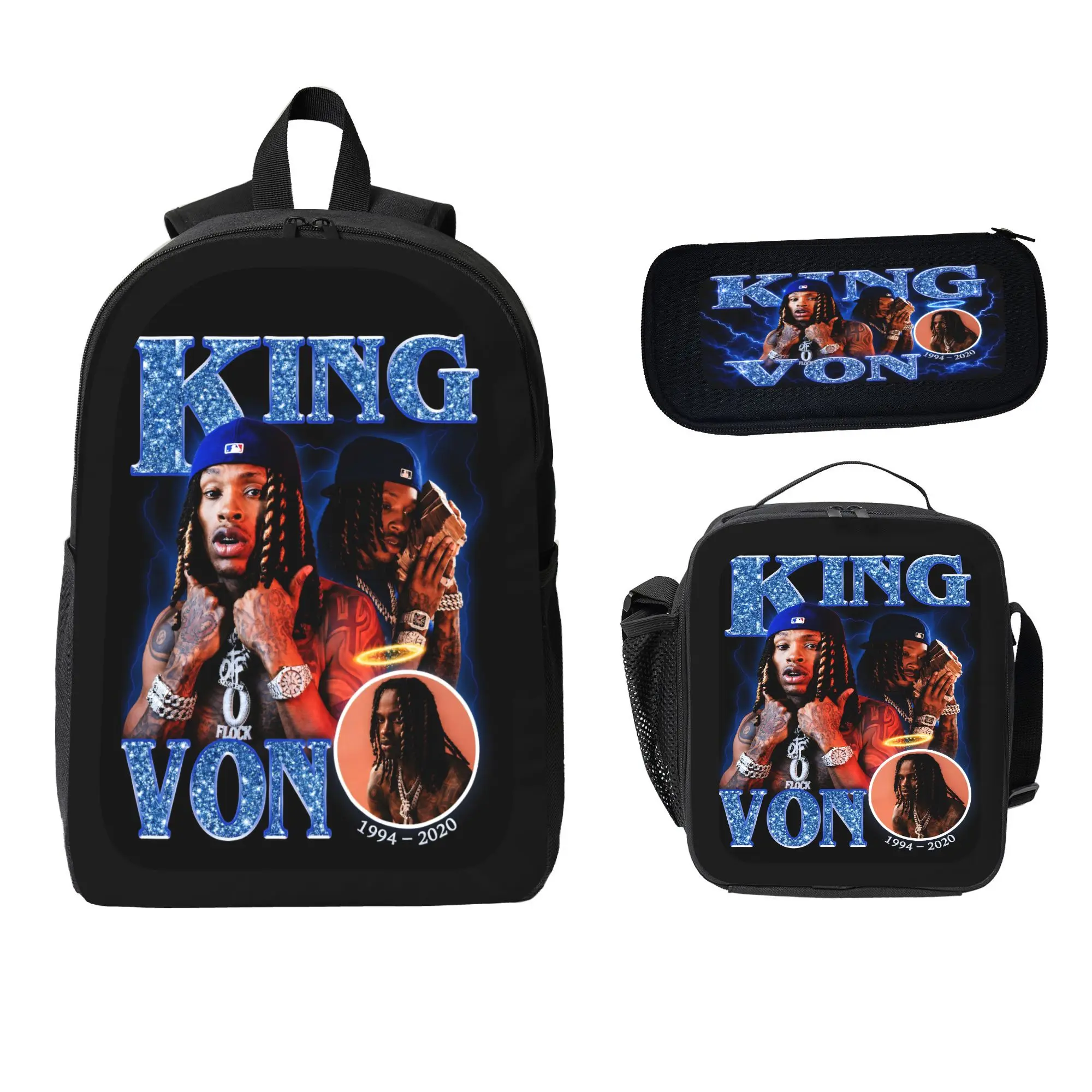 3Pcs King Von Character Art Black Carry-All Backpack Set - School, Travel, Casual Use - Includes Laptop Bag, Pencil Case, Lunch Bag - Lightweight, Comfortable for Teen Rapper Fans, Student Gift, Black Backpacks, Carry-All Backpacks