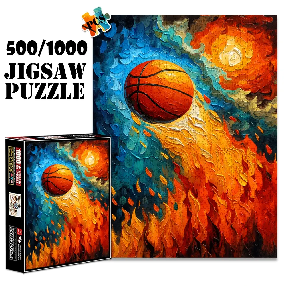 1pc 1000 piece adult puzzle 70x50cm Basketball with Flames and Colorful Sky Artwork 500 pieces of paper jigsaw puzzle, suitable for adults and families, large-scale DIY puzzle interactive toy games