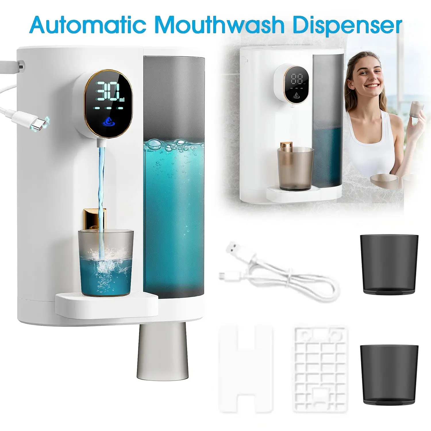 Electric Mouthwash Dispenser 600ML, Desktop/wall-Mounted, LED Display, Magnetic Cups, Touch Control, Bathroom Installation