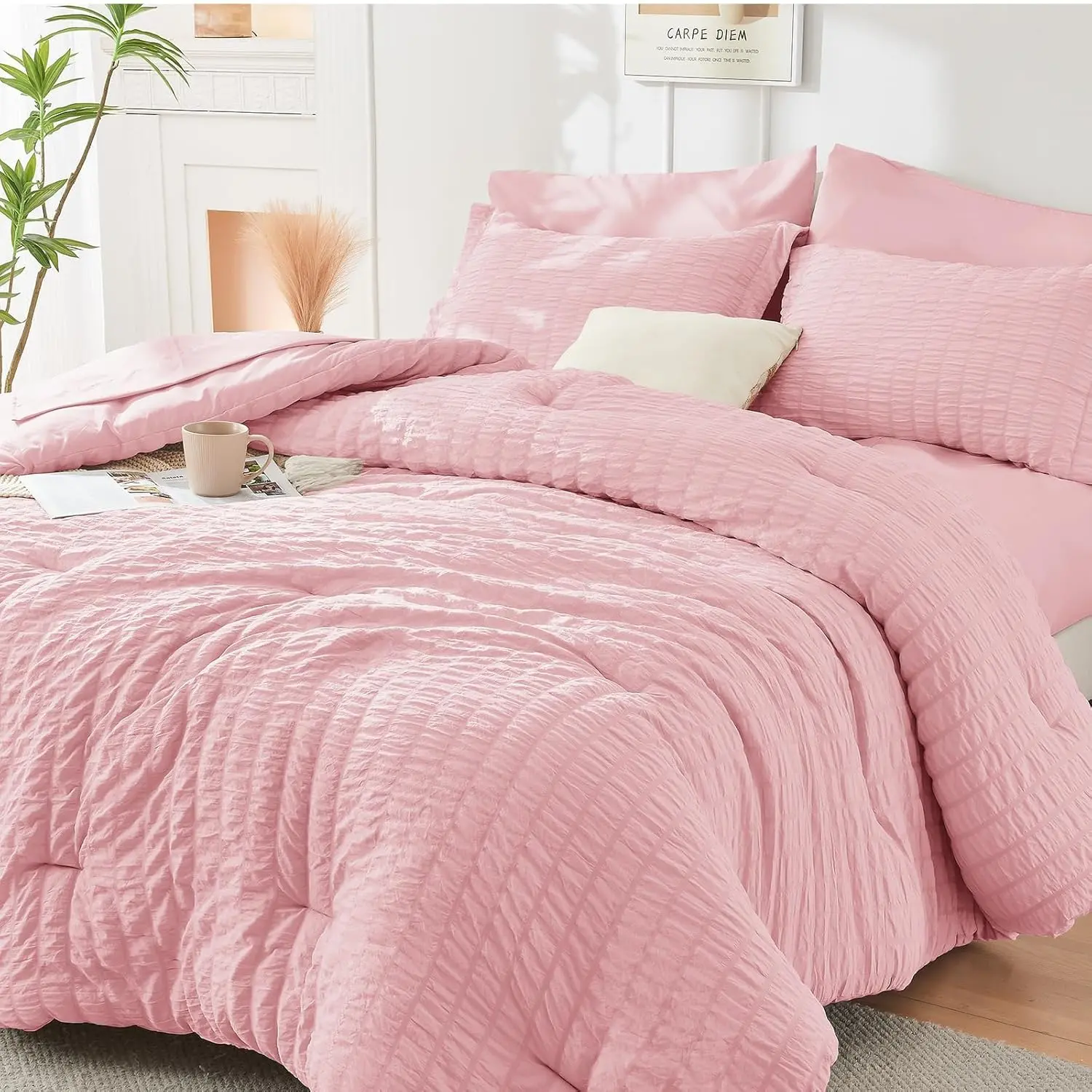 Pink Queen Comforter Set Seersucker 7 Pieces, All Season Luxury Bed in a Bag for Bedroom, Bedding Set with Comforters, Sheets, Pillowcases & Shams