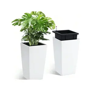 White 16 InchesPlanters Set Of 2, Outdoor&Indoor Black Plante Pots, High Front Porch Planter Pots With Drainage Holes&Water Level Monitor&Inner Bucket, Automatic Watering