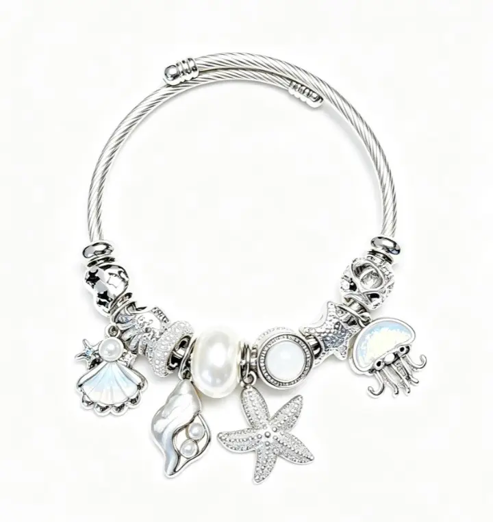Ocean Themed Adjustable Twisted Cable Bangle Bracelet, Silver Plated Sea Shell Starfish Jellyfish Conch Pearl Charm Bracelet for Women Summer Beach Jewelry Gift