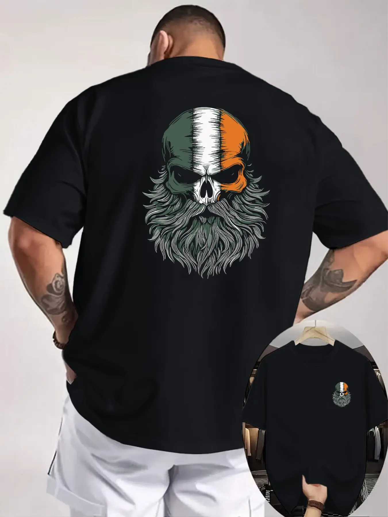 Irish Flag Skull Print Men's T-Shirt, Celtic Cultural Elements, Casual Fitted Long Top, All Seasons, Letter Pattern, No Button or Zipper