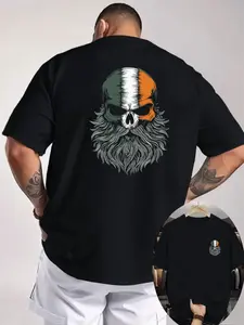 Irish Flag Skull Print Men's T-Shirt, Celtic Culture Elements, Casual Fitted Long Top, All Seasons, Letter Pattern, No Button or Zipper