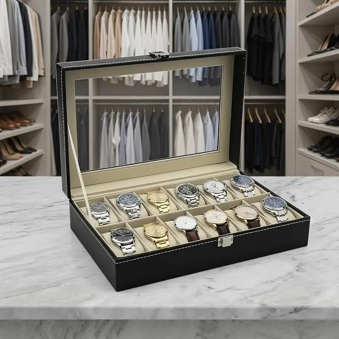 12-Slot Wide Leather Watch Box Display Case Organizer with Framed Glass Lid, Elegant Contrast, Removable Pillow for Men’s & Women’s Jewelry Storage, Large Holder, Birthday Gift (No Watch Included), Wide Leather Watch Boxes