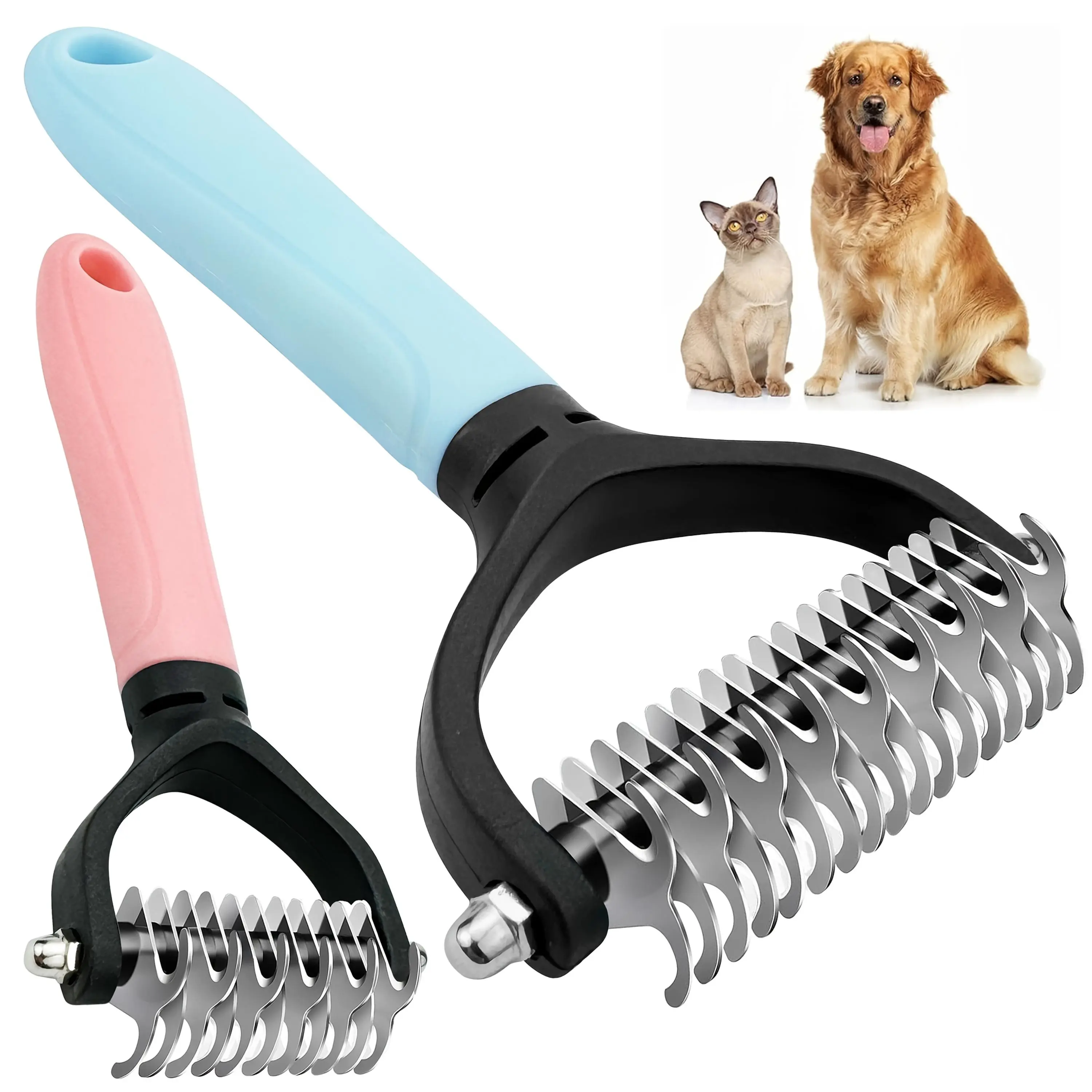 Double Sided Dog Grooming Comb, Stainless Steel Undercoat Rake & Dematting Tool for Dogs and Cats, Deshedding Brush for Removing Mats, Tangles and Loose Hair, Long Hair Pet Grooming Tool