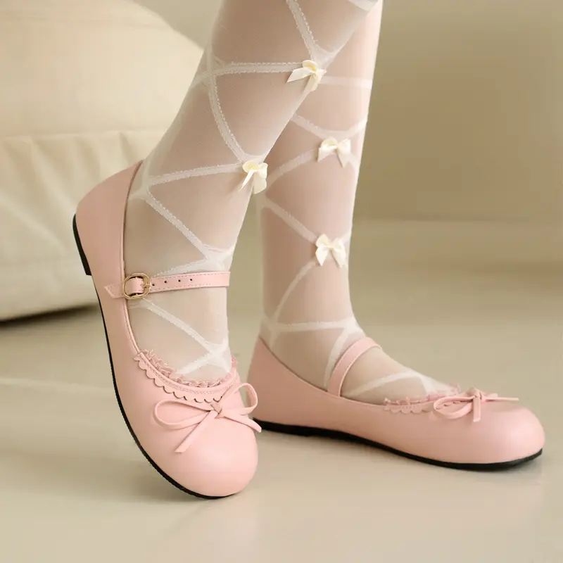 Spring Autumn Pink White Mary Janes Flat Shoes Woman Round Toe Buckle Strap Lolita Girls Student Ballet Flats Plus Size 43 44 45