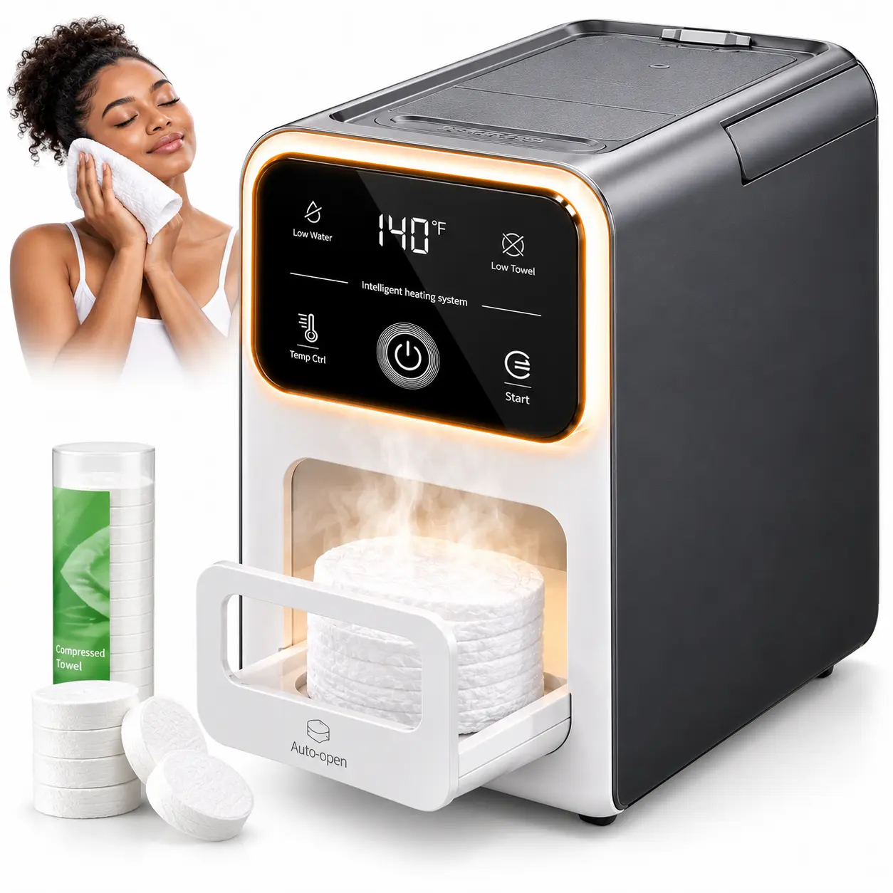 Personal Smart Compressed Hot Towel Dispenser - Digital Touch Controls, Auto-Open Dispensing Compartment
