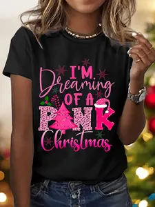 Delightful Women's Pink Christmas T Shirt Featuring Festive Quotes and Elegant Holiday Print in Soft Pink