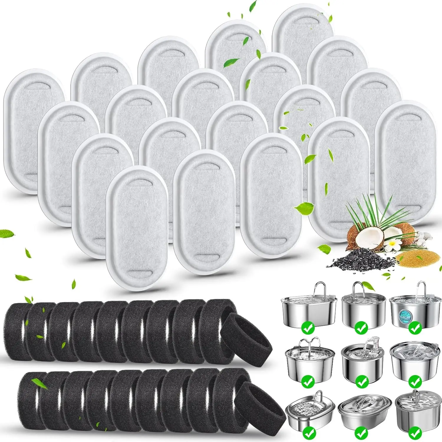 20 Pack Cat Water Fountain Filters-Cat Fountain Replacement Filters for Stainless Steel 108/3.2L& 67oz/2L Adjustable Water Flow Pet Water Fountain(20 Pack Pet Water Filter Refills + 20 Pack Sponges)