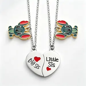 DISNEY Stitch Sisters Necklace – Big Sis and Little Sis Heart Charms with Stitch Design on Chains