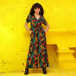 America & Beyond Jaguar Paradise Black Animal Print Jumpsuit with V-Neck Design for Stylish Wear in French Crepe Fabric with Waist Tie-Up Feature Boho Chic Tropical Womenswear Short Sleeve Check Comfy Overalls Party Bohemian Fitted Shortsleeve