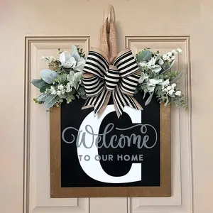 1pc Last Name All Year Round Front Door Wreath with 26 Initial Letter Welcome Sign All Seasons Eucalyptus Garland and Bow ，Farmhouse, Porch, front porch decor, for Spring Summer Fall All Seasons Holiday