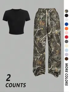 Two-Piece Set Women's Solid Crop Tee & Camo Print Pants, Casual Short Sleeve T-Shirt & Trousers for Daily Wear, Casual Fashion Set, Clothing, Ladies Summer Clothes