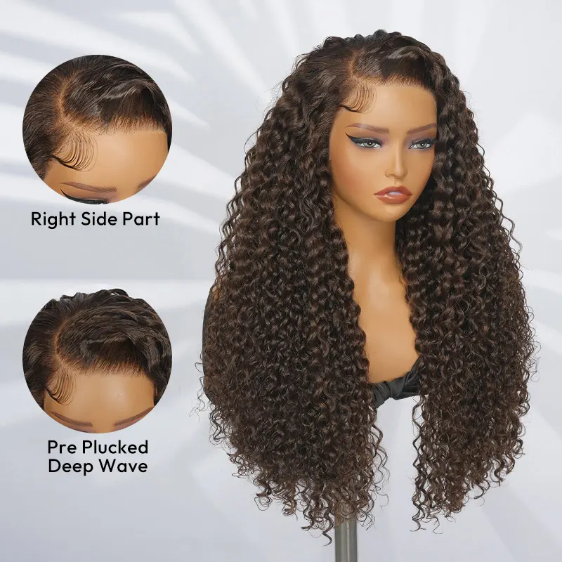 [NEW IN] West Kiss Glueless Right Side Part Human Hair Wigs Dark Brown Deep Wave 13x4 Lace Front Wig Pre Plucked Natural Human Hairline