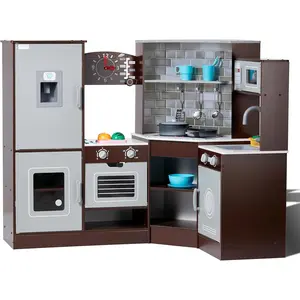 Father's Day Gift VEVOR Interactive Wooden Toy Play Kitchen Playset for Kids with Lights and Sounds, Corner Design with Ice Maker, Oven, Sink, Clock, Microwaves, Refrigerator and Accessories, for Girls & Boys, Brown