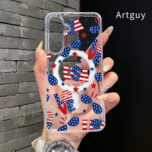 Patriotic Celebration Pattern Pattern Magnetic Phone Case for  Samsung Galaxy S26 Edge S23 Ultra S24 Plus FE S25 S22+ Anti-Yellowing Shockproof Lightweight Transparent Acrylic Large Hole Soft Cover Supports Wireless Charging