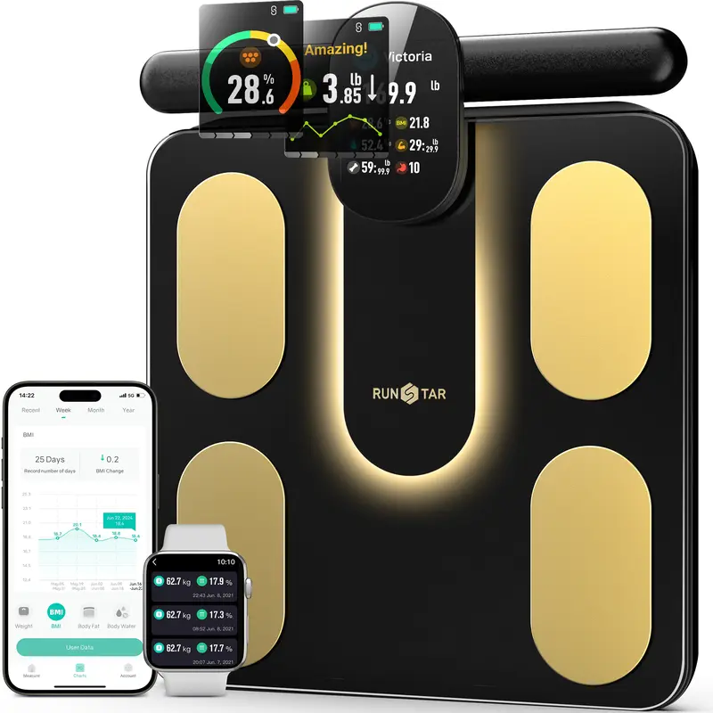 RunStar Smart 8E Sturdy Digital Weighing Machine - 8-Electrode Full Body Weighing Scale, 300*300mm, Retractable Handle, Colorful Display, Bluetooth, App Tracking for 28 Body Metrics (Weight, Fat, BMI, Muscle Mass), 24 Profiles