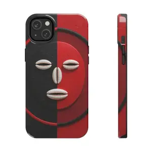 Flat Printed Eleggua Cowrie Shell Face Phone Case, Afrocentric Spiritual Red Black Cover, 3D Illusion Santeria Orisha Protective Case for iPhone 7 to iPhone 17.