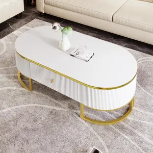 Coffee Table for Living Room, Modern Oval Shaped Coffee Table Set with 2 Drawers & Gold Metal Decor, Contemporary Luxury Cocktail Table Center Table for Office (White & Gold)