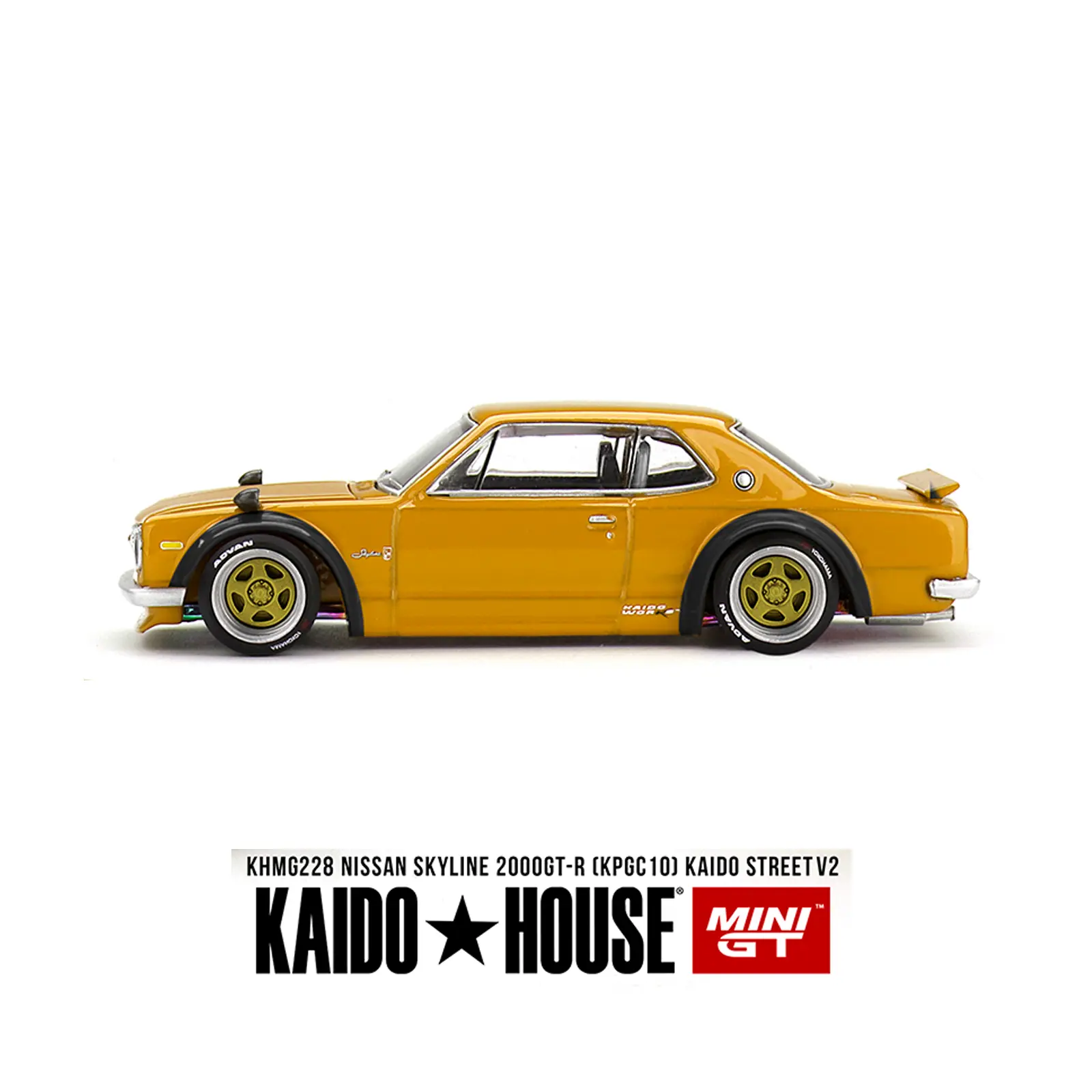 Kaido House Nissan Skyline 2000 GT-R (KPGC10) Kaido Street V2, Yellow, 1:64 Scale, Diecast Model Car