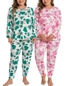 【Flash Sale】 LONAGIRL Curvy Fit Plus Size Long Sleeve Pajama Sets for Women | Cute Floral Pattern Soft Comfy Two-Piece Pjs Loungewear | 1XL-5XL Womenswear Style Homewear Sleepwear (2 Top & 2 Pants)
