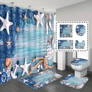 [Popular Choice]1pc/4pcs, bathroom curtains shower, bathroom set, shower curtains, bathroom decor,bathroom rug, home decoration, bathroom mat, starfish and wood pattern, marine theme decoration, bathroom set, with 12 hooks.