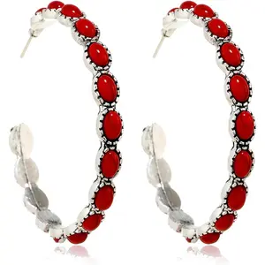 Vintage Faux Hoop Earrings Boho Beaded Western Silver Round Dangle Earrings 80s Statement Earrings Jewelry for Women Turquoise