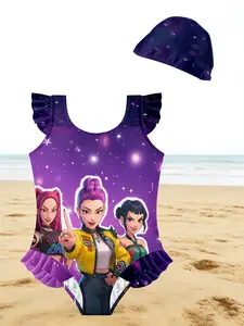 Girls One-Piece Swimsuit with Swim Cap, Purple Starry Sky Anime Girl Group Print Ruffle Bathing Suit