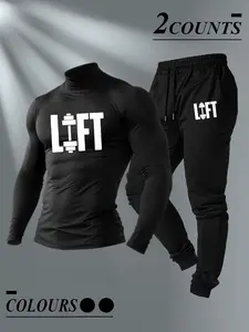 Men's 2-Piece Gym Tracksuit Set - High Neck Long Sleeve Shirt & Jogger Pants, "LIFT" Graphic Workout Outfit for Bodybuilding, Weightlifting, Running | Gym Bro Fitness Apparel, Gym Sweatwear, Tracksuit Sweat Suits