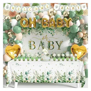 99pcs Neutral Boho Kit with Balloon Garland – Sage Green Baby Shower Decorations for Girl or Boy, Backdrop & Tablecloth