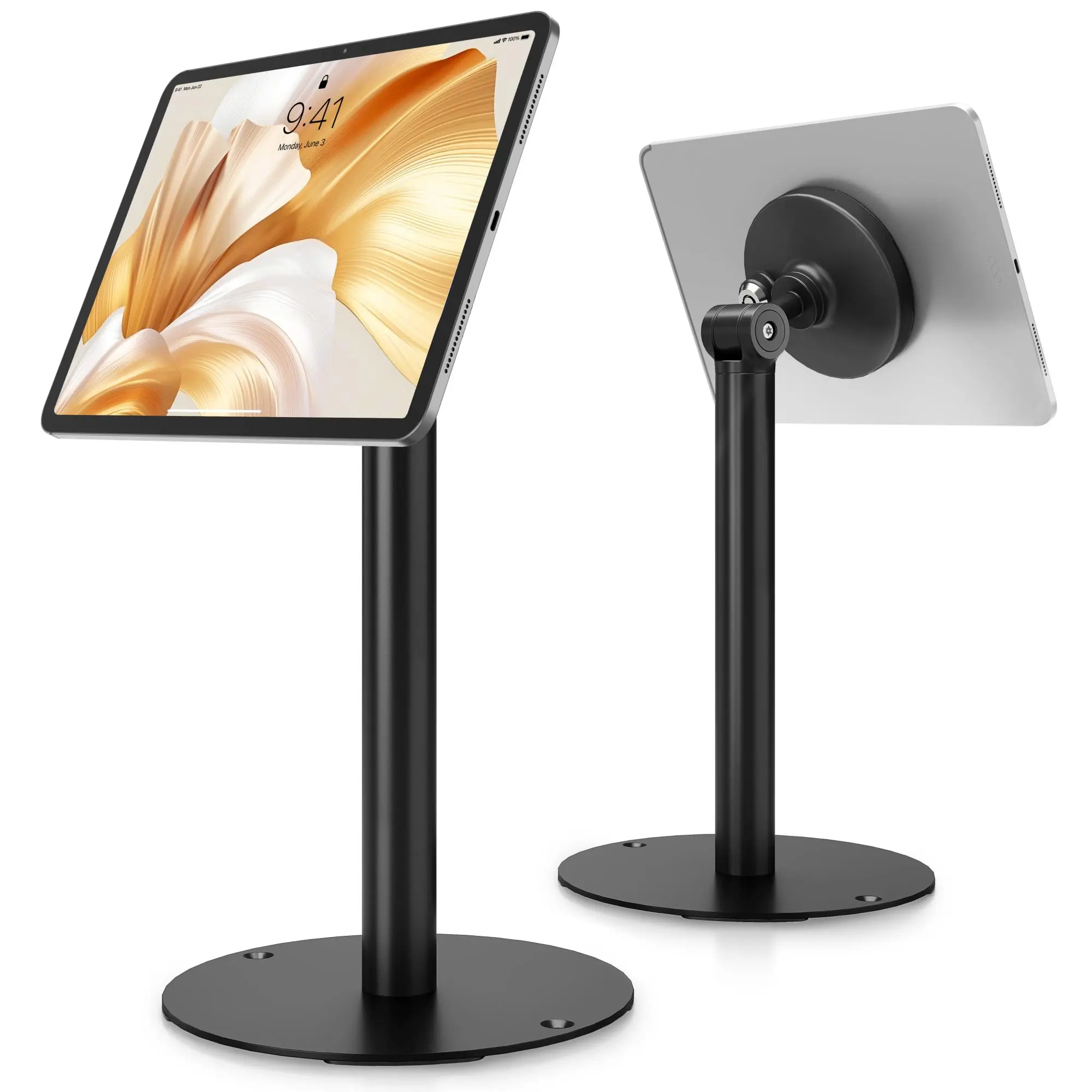 monTEK Lock Secure Adjustable Tablet Stand - 7"-15" Frameless Desktop Kiosk Holder, 25°-205° Tilt, Adhesive Mount, Business Computer Accessories, Compatible with iPad Pro/Air/Mini & Samsung Galaxy Tab