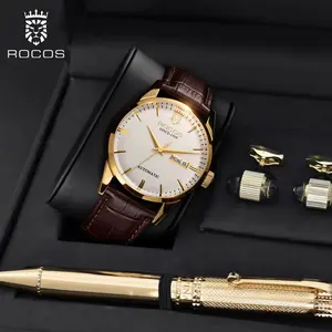 ROCOS Luxury Fully Automatic Mechanical Watch 40mm Men's Minimalist Elegance Waterproof 3ATM Casual Trendy Wristwatch with Bamboo Grain Strap