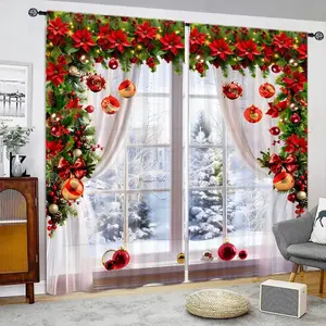 2 Pieces, 2D Plan, Christmas Green Leaf Wreath Window Curtain, Christmas Ball Curtain - Pole Pocket Design, Easy Install Curtain, Semi Blackout Pole Pocket Design, Suitable for Living Room, Bedroom, Kitchen, Bathroom Home Decoration