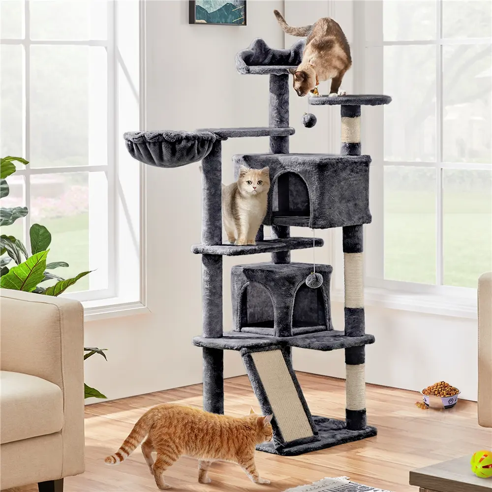 【On Sale】Yaheetech 54"/57''/63"/79"/82" Cat Tree Multilevel Cat Tower with 2 Condos & Dangling Ball & Round Platform & Ladder
