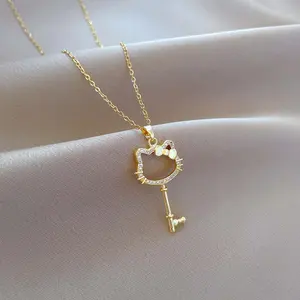 Cat zircon bow key necklace 15.75+1.97in hollow golden zircon clavicle chain gift accessories