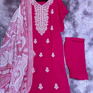 Exclusive Chikan Kurthi 3-Piece Set - High-Quality Thread Work in Pink & White, Pure Mal Cotton Fabric for Women's Clothes - Womenswear
