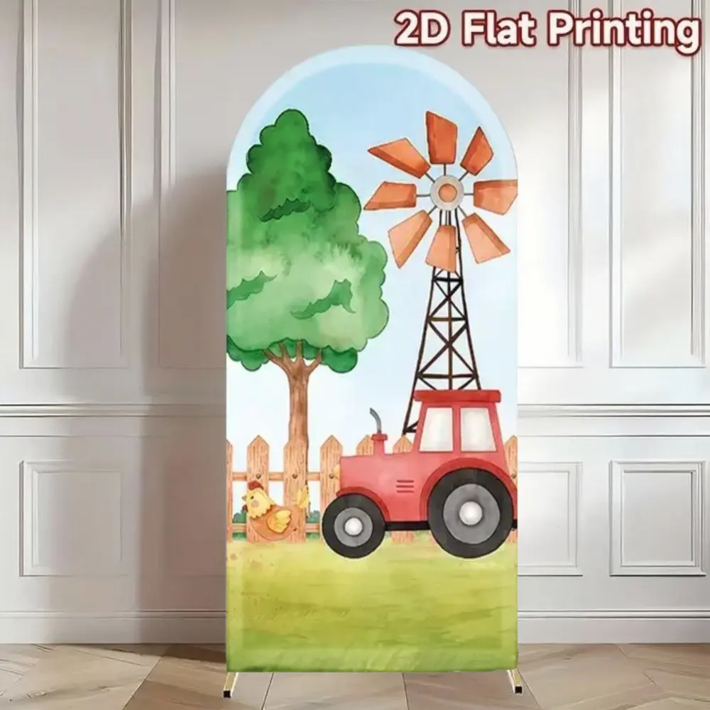 Farm Barn Arch Cover Backdrop with Tractor and Windmill Photography Background for Wedding, Birthday Party, Baby Shower