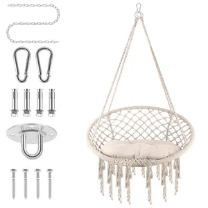 Hammock Chair Macrame Swing, Cotton Rope Handwoven Hanging Chair 330 Pounds Capacity, Macrame Tassels Hammock Swing for C-Hammock Stand, Living Room, Yard, Garden, Balcony (White)