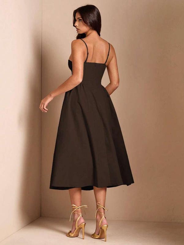 SHEIN BAE Elegant Women Spaghetti Strap Maxi Flare Dress, Suitable For Casual Dating, Outing, Nightclub, Party, Autumn Season,Summer Dresses For Women,Tea Party Dress