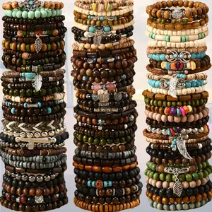 15/25/35Pcs Popular Handmade Wooden Bead Couple Bracelet Sets For Men Women, Perfect for Christmas, Halloween, And New Year Gifts