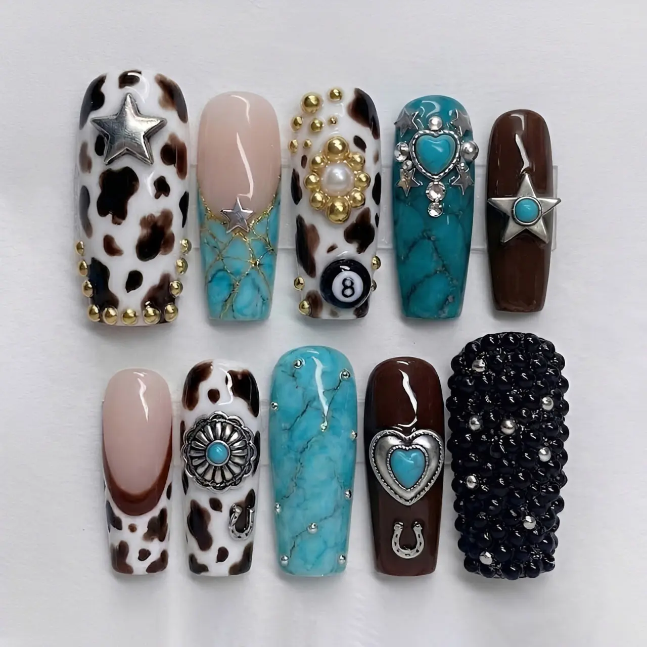 Western Cow Print Press On Nails, Turquoise Stone Heart Star and 8 Ball Charms, 3D Studded Long Coffin Cowgirl Reusable Fake Nail Set