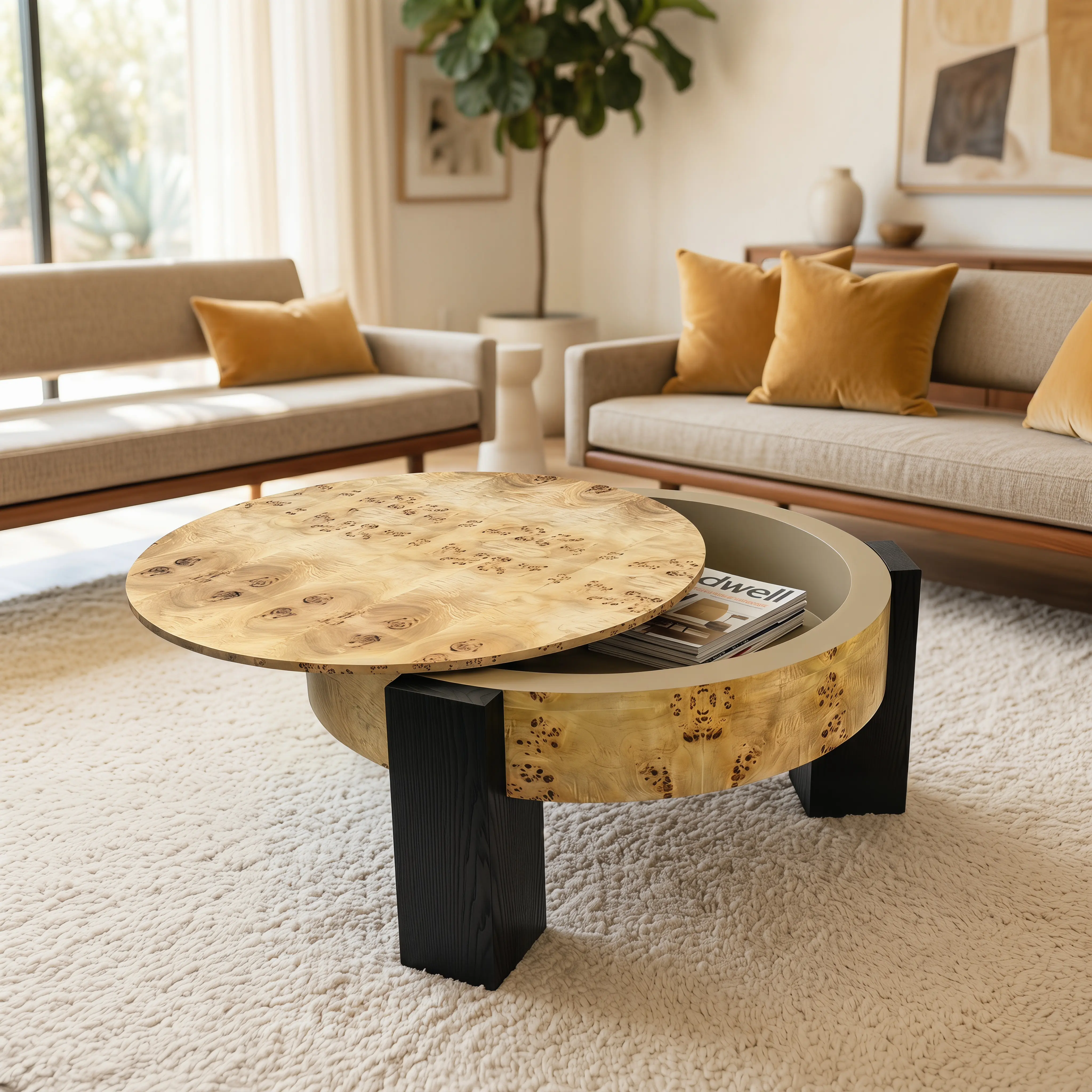 Round Burl Wood Coffee Table with Hidden Storage, 33 Inch, Organic Modern Cocktail Table, Solid Wood+MDF, 3 Block Legs, Sturdy Center Accent Table for Living Room Small Space, Color Choices Available