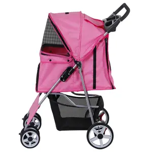 ZENY Floding Pet Stroller 4 Wheels Cat Dog Carrier Strolling Cart Travel W/Storage Basket & Mesh Windows, Pink
