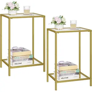 Side Tables Set of 2, End Tables with Tempered Glass, 2-Tier Nightstands with Storage Shelves, Coffee Table with Modern Style, Slim Sofa Table for Living Room, Bedroom, 11.8" D x 15" W, Gold