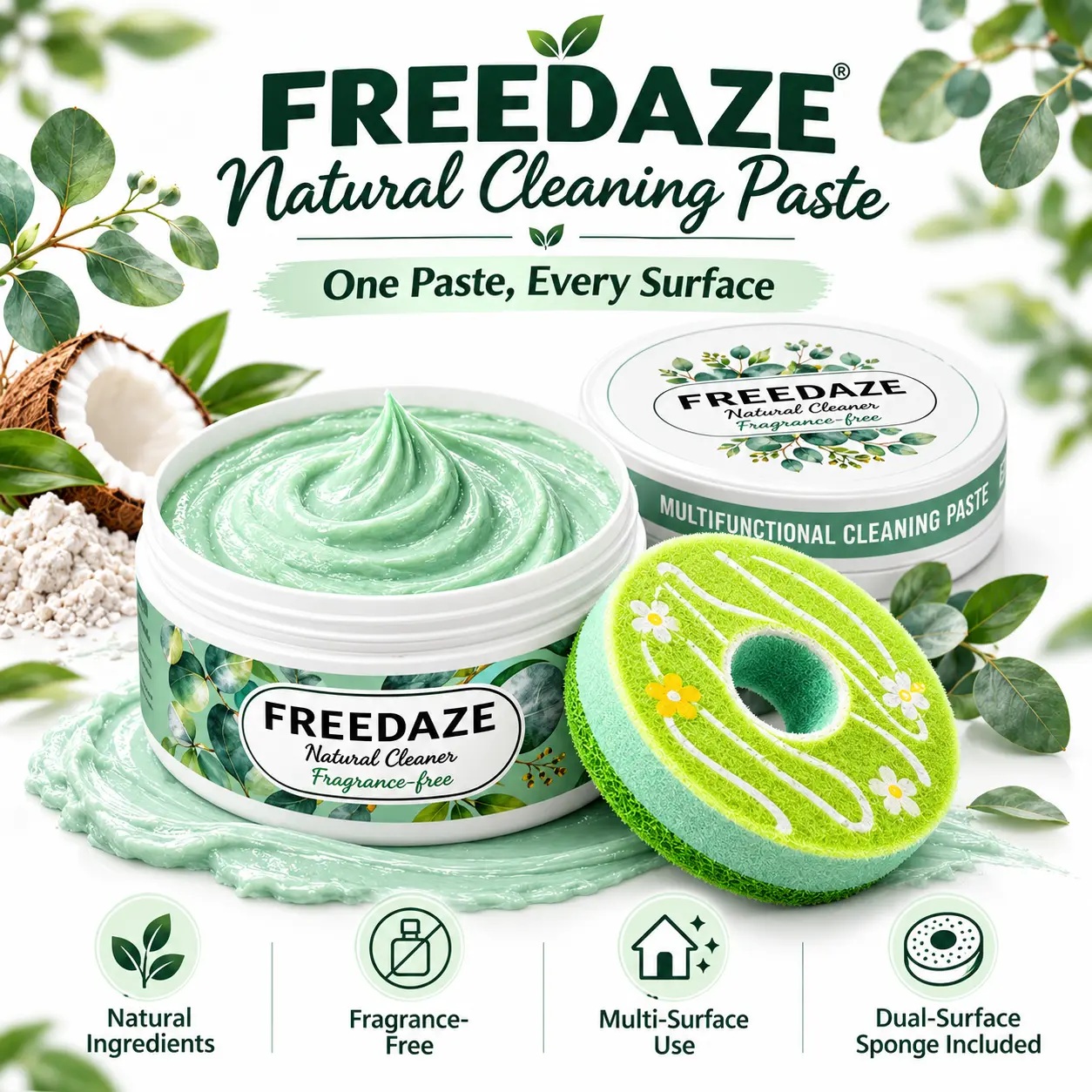 FREEDAZE Multi-Purpose Cleaning Paste with Dual-Sided Sponge, Fragrance-Free Multi-Surface Cleaner for Kitchen, Bathroom, Sink, Stovetop, Cookware & Shoes