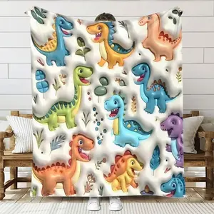 Large Dinosaur Blanket, Soft Flannel Bed Sheet, T-Rex Stegosaurus Triceratops Print, Multicolor Room Decor, Comfortable Gift