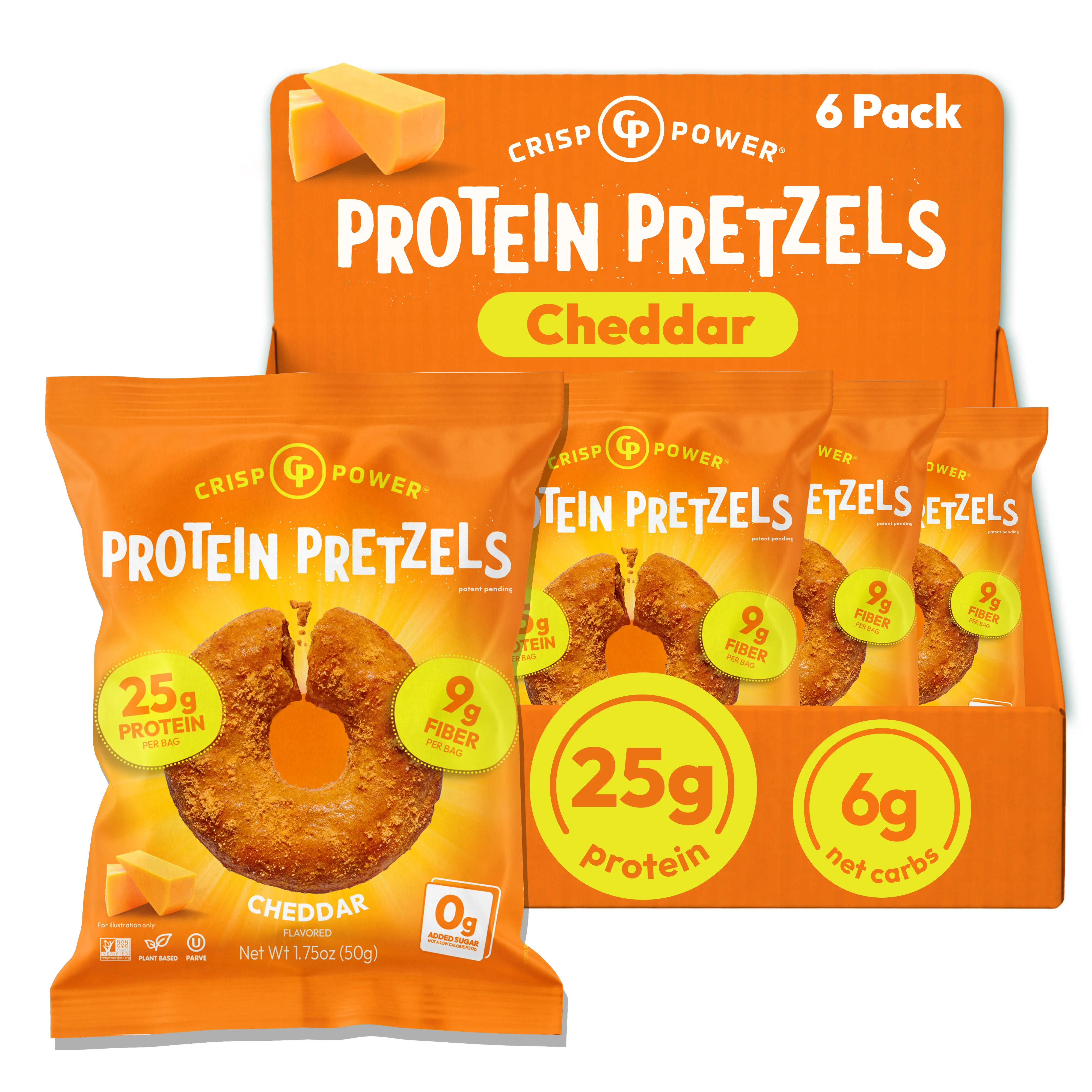 Crisp Power Protein Pretzels, NEW Cheddar , High Protein Snack, 26G Protein, Crunchy Pretzel Snacks, No Added Sugar, 1.75 oz Bags, 6 Pack, Keto, High Fiber